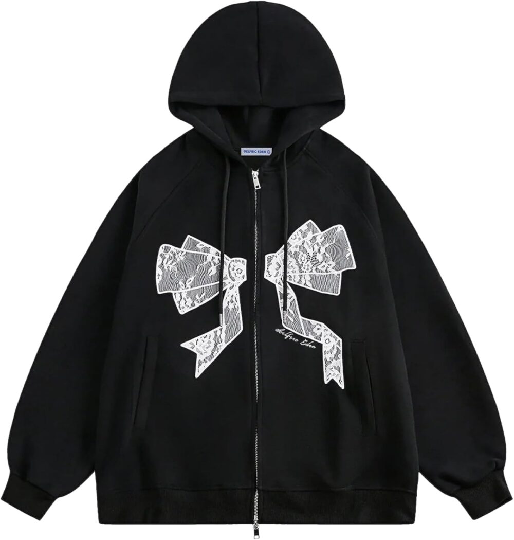 Aelfric Eden Womens Zip Up Hoodies Embroidery Lace Bow Long Sleeve Sweatshirts Y2K Oversized Fall Outfits with Pocket