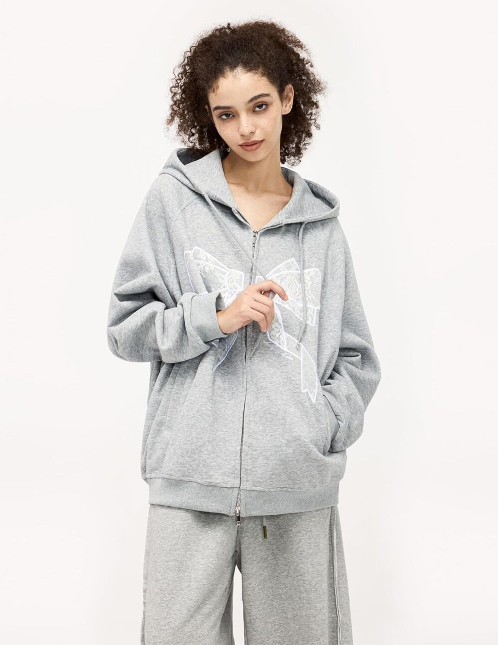 Aelfric Eden Womens Zip Up Hoodies Embroidery Lace Bow Long Sleeve Sweatshirts Y2K Oversized Fall Outfits with Pocket - Image 4